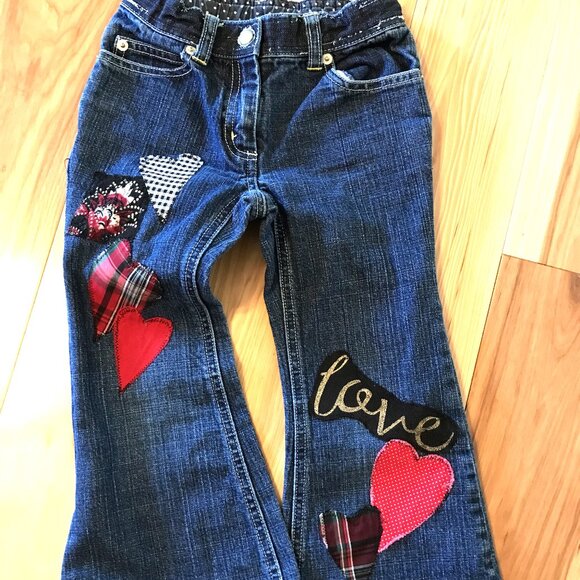 Upcycled Patchwork Jeans, Child's Size 5: Handmade Heart Patches Front and Back - Picture 4 of 16